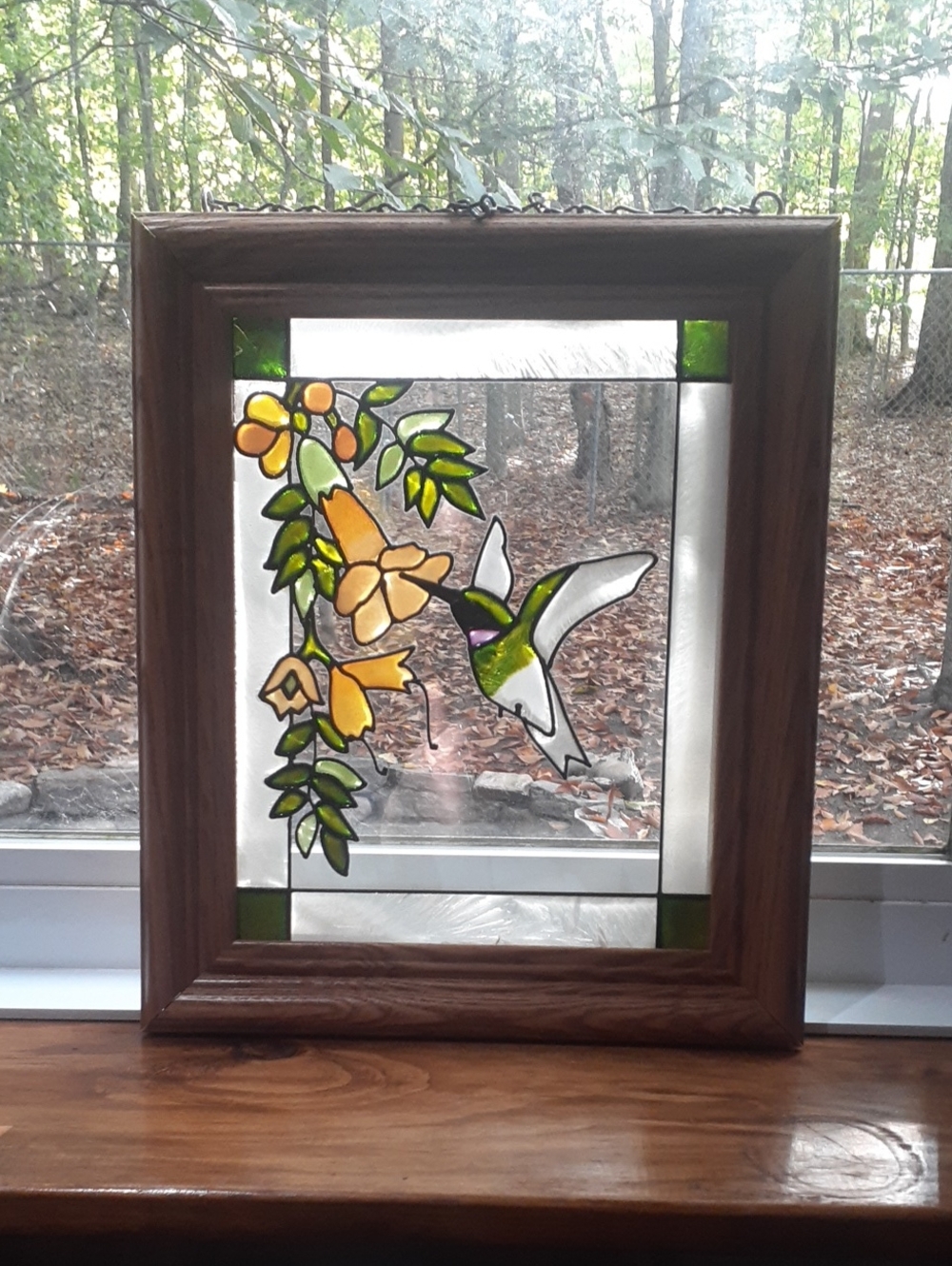 Vintage Open Windows Framed Panel Stained Glass Hummingbird Green Yellow Purple
